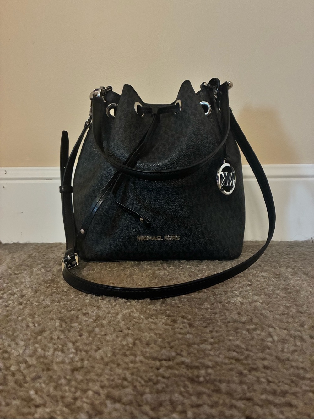 Michael Kors Black Logo Drawstring Bucket Crossbody